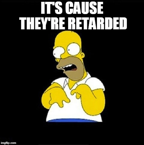 Homer Simpson Retarded | IT'S CAUSE THEY'RE RETARDED | image tagged in homer simpson retarded | made w/ Imgflip meme maker