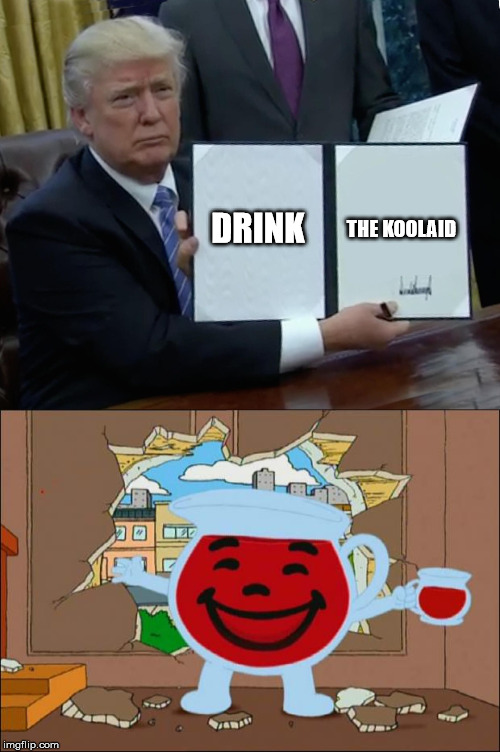it will be great | DRINK; THE KOOLAID | image tagged in koolaid man,memes,trump bill signing | made w/ Imgflip meme maker