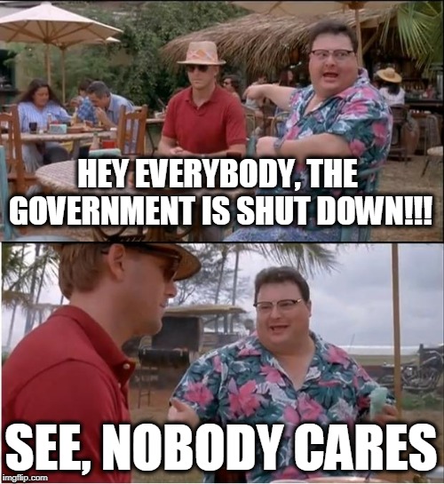See Nobody Cares | HEY EVERYBODY, THE GOVERNMENT IS SHUT DOWN!!! SEE, NOBODY CARES | image tagged in memes,see nobody cares | made w/ Imgflip meme maker