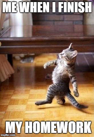 Cool Cat Stroll | ME WHEN I FINISH; MY HOMEWORK | image tagged in memes,cool cat stroll | made w/ Imgflip meme maker