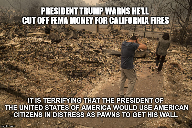 PRESIDENT TRUMP WARNS HE'LL CUT OFF FEMA MONEY FOR CALIFORNIA FIRES; IT IS TERRIFYING THAT THE PRESIDENT OF THE UNITED STATES OF AMERICA WOULD USE AMERICAN CITIZENS IN DISTRESS AS PAWNS TO GET HIS WALL | image tagged in trump,nancypelosi,shutdown,wildfires,fema,donaldtrump | made w/ Imgflip meme maker