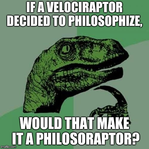 Philosoraptor | IF A VELOCIRAPTOR DECIDED TO PHILOSOPHIZE, WOULD THAT MAKE IT A PHILOSORAPTOR? | image tagged in memes,philosoraptor | made w/ Imgflip meme maker