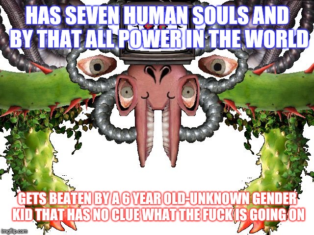 Omega Flowey | HAS SEVEN HUMAN SOULS AND BY THAT ALL POWER IN THE WORLD; GETS BEATEN BY A 6 YEAR OLD-UNKNOWN GENDER KID THAT HAS NO CLUE WHAT THE FUCK IS GOING ON | image tagged in omega flowey,memes | made w/ Imgflip meme maker