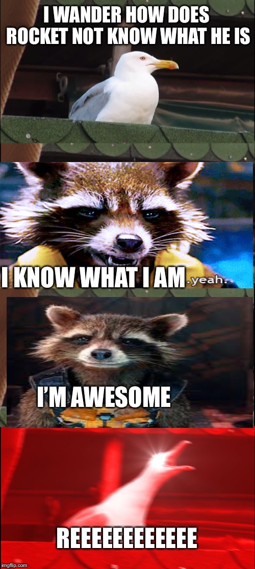 Who am I  | I WANDER HOW DOES ROCKET NOT KNOW WHAT HE IS; I KNOW WHAT I AM; I’M AWESOME; REEEEEEEEEEEE | image tagged in memes,inhaling seagull | made w/ Imgflip meme maker