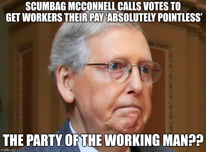 Lowlife scumbag | SCUMBAG MCCONNELL CALLS VOTES TO GET WORKERS THEIR PAY ‘ABSOLUTELY POINTLESS’; THE PARTY OF THE WORKING MAN?? | image tagged in mcconnell,republican,greed,fear,fascist | made w/ Imgflip meme maker