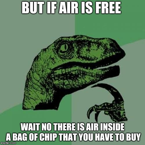 Philosoraptor | BUT IF AIR IS FREE; WAIT NO THERE IS AIR INSIDE A BAG OF CHIP THAT YOU HAVE TO BUY | image tagged in memes,philosoraptor | made w/ Imgflip meme maker