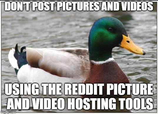 Actual Advice Mallard Meme | DON'T POST PICTURES AND VIDEOS; USING THE REDDIT PICTURE AND VIDEO HOSTING TOOLS | image tagged in memes,actual advice mallard | made w/ Imgflip meme maker