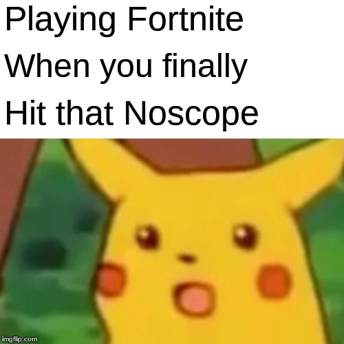 Surprised Pikachu | Playing Fortnite; When you finally; Hit that Noscope | image tagged in memes,surprised pikachu | made w/ Imgflip meme maker