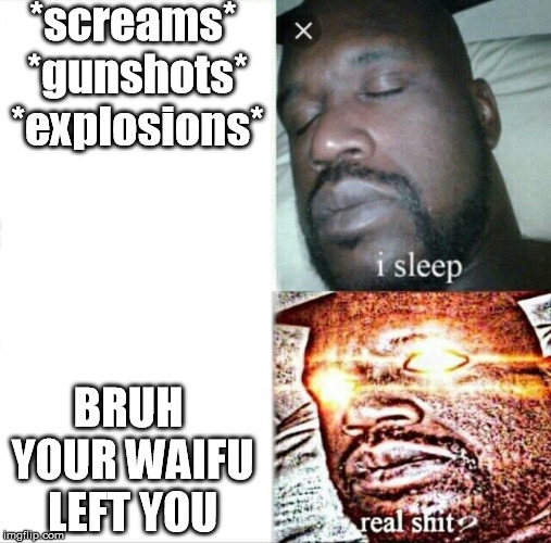 he is sleeping over explosions? | *screams* *gunshots* *explosions*; BRUH YOUR WAIFU LEFT YOU | image tagged in memes,sleeping shaq | made w/ Imgflip meme maker