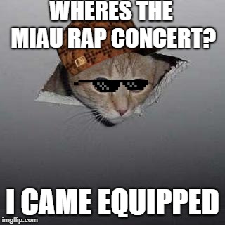 Ceiling Cat Meme | WHERES THE MIAU RAP CONCERT? I CAME EQUIPPED | image tagged in memes,ceiling cat | made w/ Imgflip meme maker