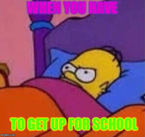angry homer simpson in bed | WHEN YOU HAVE; TO GET UP FOR SCHOOL | image tagged in angry homer simpson in bed | made w/ Imgflip meme maker