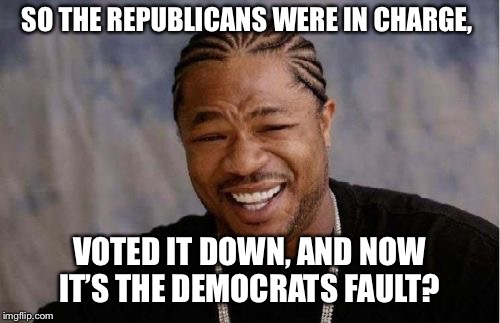 Yo Dawg Heard You Meme | SO THE REPUBLICANS WERE IN CHARGE, VOTED IT DOWN, AND NOW IT’S THE DEMOCRATS FAULT? | image tagged in memes,yo dawg heard you | made w/ Imgflip meme maker