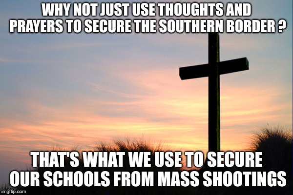 Border Security | WHY NOT JUST USE THOUGHTS AND PRAYERS TO SECURE THE SOUTHERN BORDER ? THAT'S WHAT WE USE TO SECURE OUR SCHOOLS FROM MASS SHOOTINGS | image tagged in trump,gop,thoughts and prayers,border wall | made w/ Imgflip meme maker