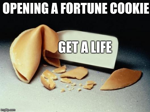 Fortune Cookie | OPENING A FORTUNE COOKIE; GET A LIFE | image tagged in fortune cookie | made w/ Imgflip meme maker