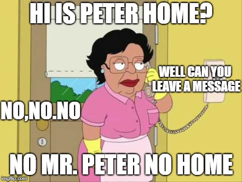 Consuela Meme | HI IS PETER HOME? WELL CAN YOU LEAVE A MESSAGE; NO,NO.NO; NO MR. PETER NO HOME | image tagged in memes,consuela | made w/ Imgflip meme maker