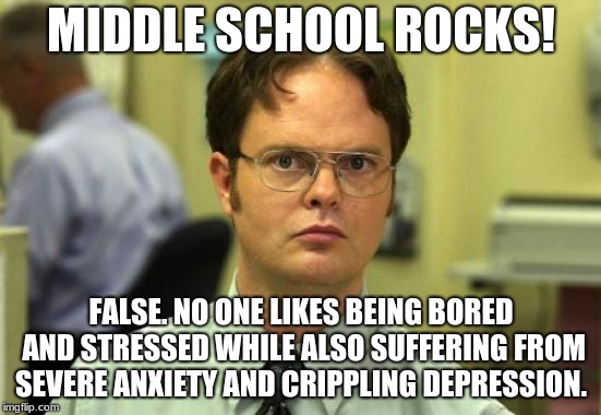 Dwight Schrute Meme | MIDDLE SCHOOL ROCKS! FALSE. NO ONE LIKES BEING BORED AND STRESSED WHILE ALSO SUFFERING FROM SEVERE ANXIETY AND CRIPPLING DEPRESSION. | image tagged in memes,dwight schrute | made w/ Imgflip meme maker