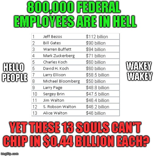 Let's just keep shagging the poor whilst the rich get richer | 800,000 FEDERAL EMPLOYEES ARE IN HELL; HELLO PEOPLE; WAKEY WAKEY; YET THESE 13 SOULS CAN'T CHIP IN $0.44 BILLION EACH? | image tagged in trump wall,amazon,microsoft,facebook,usa,crazy | made w/ Imgflip meme maker
