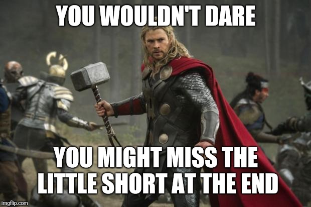 thor hammer | YOU WOULDN'T DARE YOU MIGHT MISS THE LITTLE SHORT AT THE END | image tagged in thor hammer | made w/ Imgflip meme maker