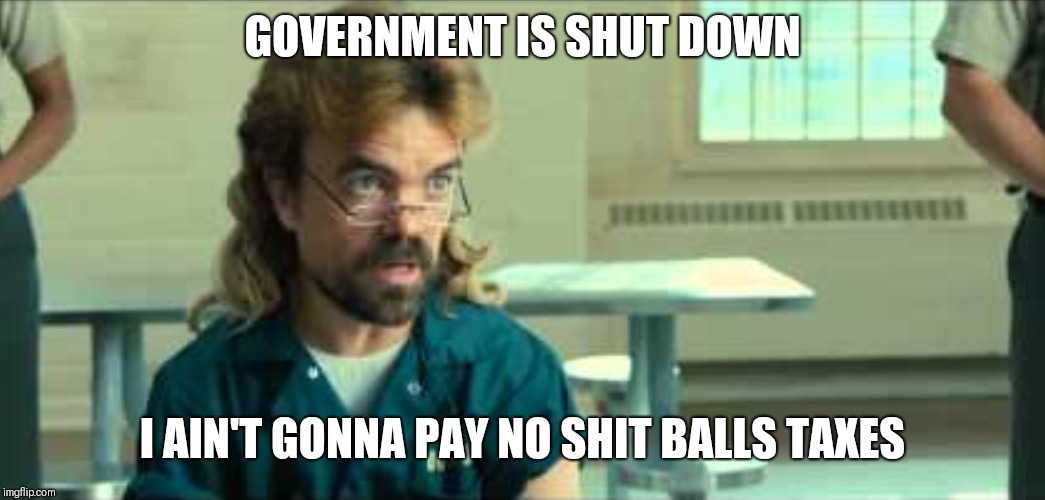 Shit balls taxes | GOVERNMENT IS SHUT DOWN; I AIN'T GONNA PAY NO SHIT BALLS TAXES | image tagged in government shutdown | made w/ Imgflip meme maker