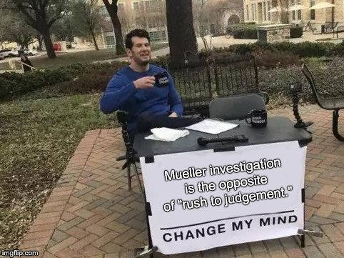As the investigation approached it's second birthday, I'm wondering if President Trump's term will expire before the it does... | Mueller investigation is the opposite of "rush to judgement." | image tagged in change my mind,donald trump,robert mueller,hurry hurry look look,made you look,douglie | made w/ Imgflip meme maker
