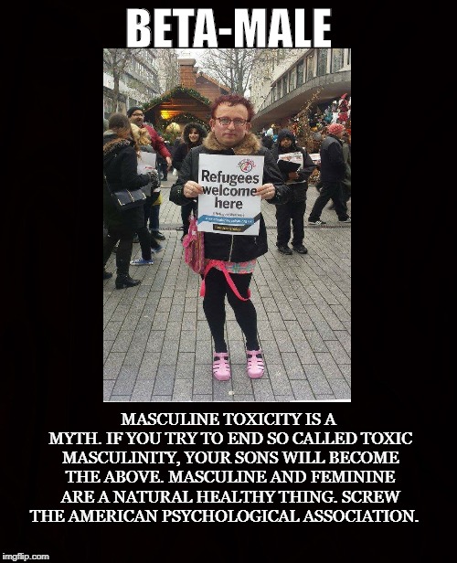 Government's attack on Masculinity  | BETA-MALE; MASCULINE TOXICITY IS A MYTH. IF YOU TRY TO END SO CALLED TOXIC MASCULINITY, YOUR SONS WILL BECOME THE ABOVE. MASCULINE AND FEMININE ARE A NATURAL HEALTHY THING. SCREW THE AMERICAN PSYCHOLOGICAL ASSOCIATION. | image tagged in toxic masculinity,masculine toxicity,feminism,alpha-male,beta-male,government | made w/ Imgflip meme maker
