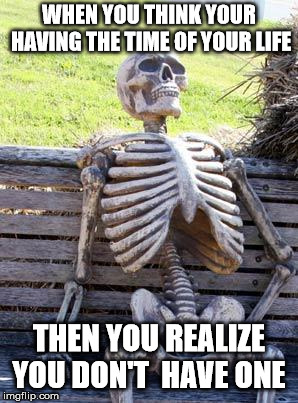 Waiting Skeleton | WHEN YOU THINK YOUR HAVING THE TIME OF YOUR LIFE; THEN YOU REALIZE YOU DON'T
 HAVE ONE | image tagged in memes,waiting skeleton | made w/ Imgflip meme maker