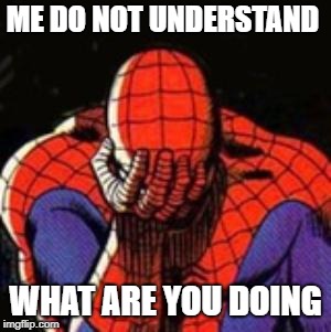 Sad Spiderman Meme | ME DO NOT UNDERSTAND; WHAT ARE YOU DOING | image tagged in memes,sad spiderman,spiderman | made w/ Imgflip meme maker