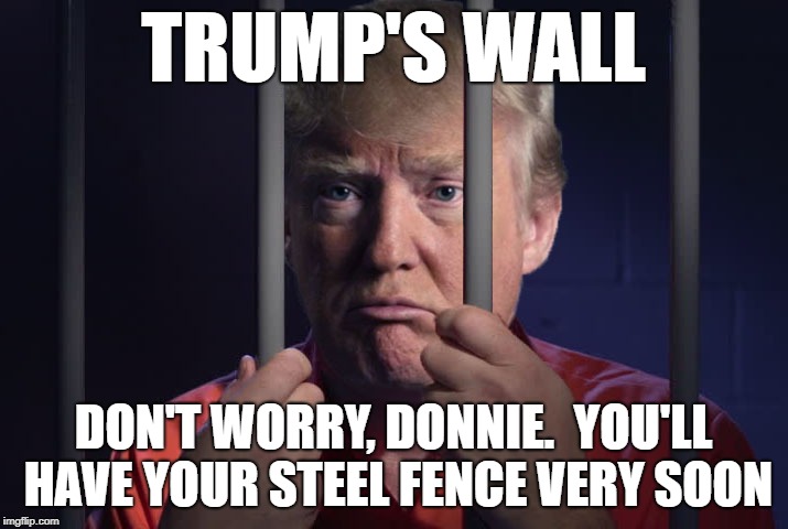 Trump jail bars steel wall | TRUMP'S WALL; DON'T WORRY, DONNIE.  YOU'LL HAVE YOUR STEEL FENCE VERY SOON | image tagged in trump jail bars steel wall | made w/ Imgflip meme maker