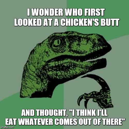 Philosoraptor Meme | I WONDER WHO FIRST LOOKED AT A CHICKEN'S BUTT AND THOUGHT, "I THINK I'LL EAT WHATEVER COMES OUT OF THERE" | image tagged in memes,philosoraptor | made w/ Imgflip meme maker