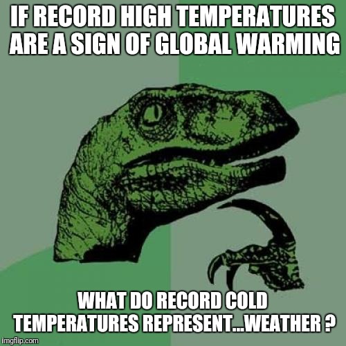Philosoraptor Meme | IF RECORD HIGH TEMPERATURES ARE A SIGN OF GLOBAL WARMING; WHAT DO RECORD COLD TEMPERATURES REPRESENT...WEATHER ? | image tagged in memes,philosoraptor | made w/ Imgflip meme maker