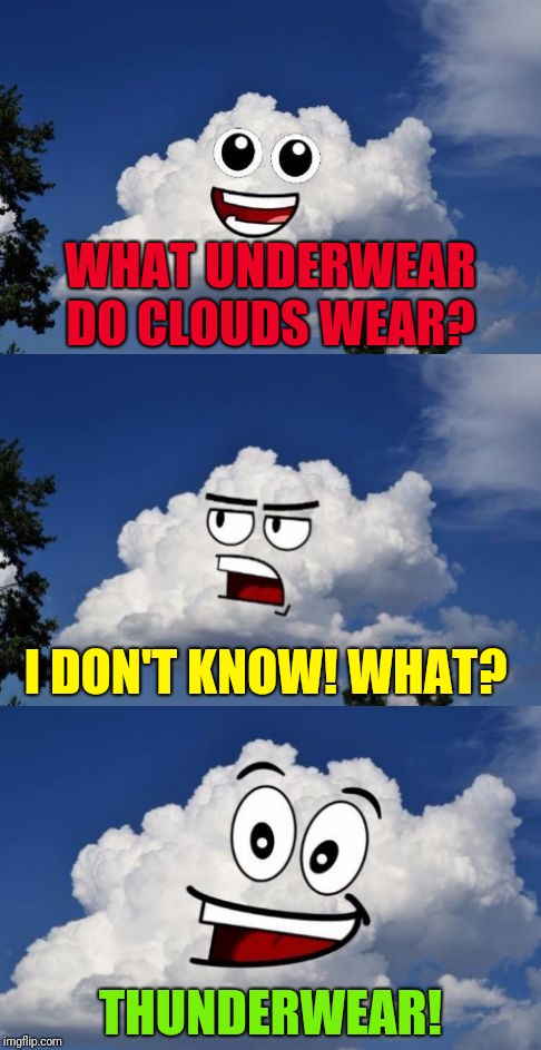 Pun in the Clouds | WHAT UNDERWEAR DO CLOUDS WEAR? I DON'T KNOW! WHAT? THUNDERWEAR! | image tagged in pun in the clouds | made w/ Imgflip meme maker