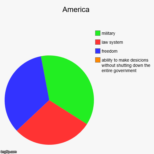 America | ability to make desicions without shutting down the entire government, freedom, law system, military | image tagged in funny,pie charts | made w/ Imgflip chart maker