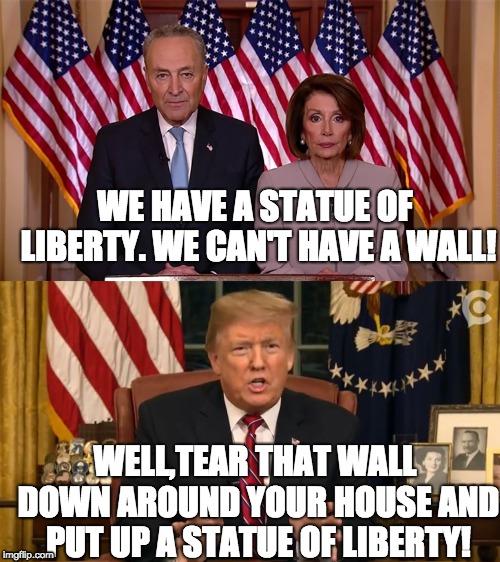 Walls! Schmalls! | WE HAVE A STATUE OF LIBERTY.
WE CAN'T HAVE A WALL! WELL,TEAR THAT WALL DOWN AROUND YOUR HOUSE AND PUT UP A STATUE OF LIBERTY! | image tagged in donald trump,donald trump approves,nancy pelosi,chuck schumer,congress | made w/ Imgflip meme maker