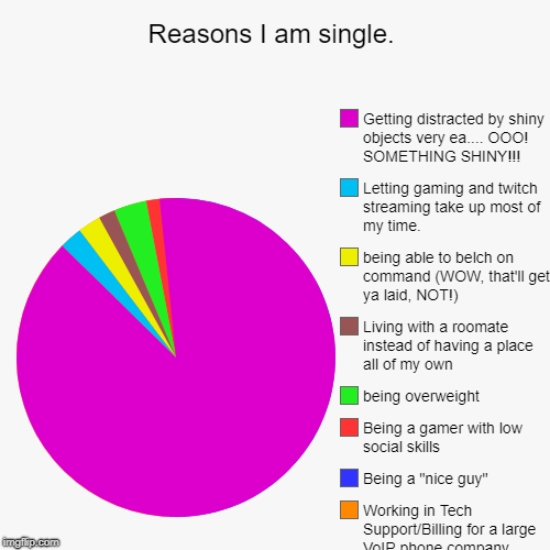 Reasons I am single. | Working in Tech Support/Billing for a large VoIP phone company, Being a "nice guy", Being a gamer with low social ski | image tagged in funny,pie charts | made w/ Imgflip chart maker