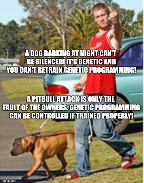 A DOG BARKING AT NIGHT CAN'T BE SILENCED! IT'S GENETIC AND YOU CAN'T RETRAIN GENETIC PROGRAMMING! A PITBULL ATTACK IS ONLY THE FAULT OF THE OWNERS. GENETIC PROGRAMMING CAN BE CONTROLLED IF TRAINED PROPERLY! | image tagged in dog owner douchebag | made w/ Imgflip meme maker