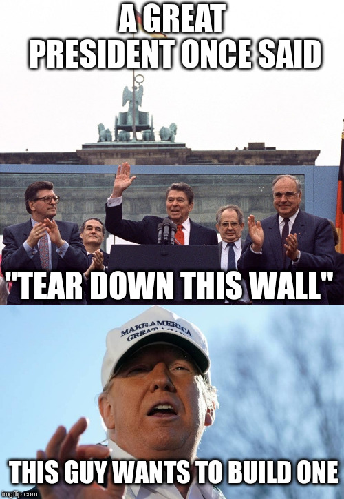 One of those ideas is good | A GREAT PRESIDENT ONCE SAID; "TEAR DOWN THIS WALL"; THIS GUY WANTS TO BUILD ONE | image tagged in trump,humor,border wall,ronald reagan | made w/ Imgflip meme maker