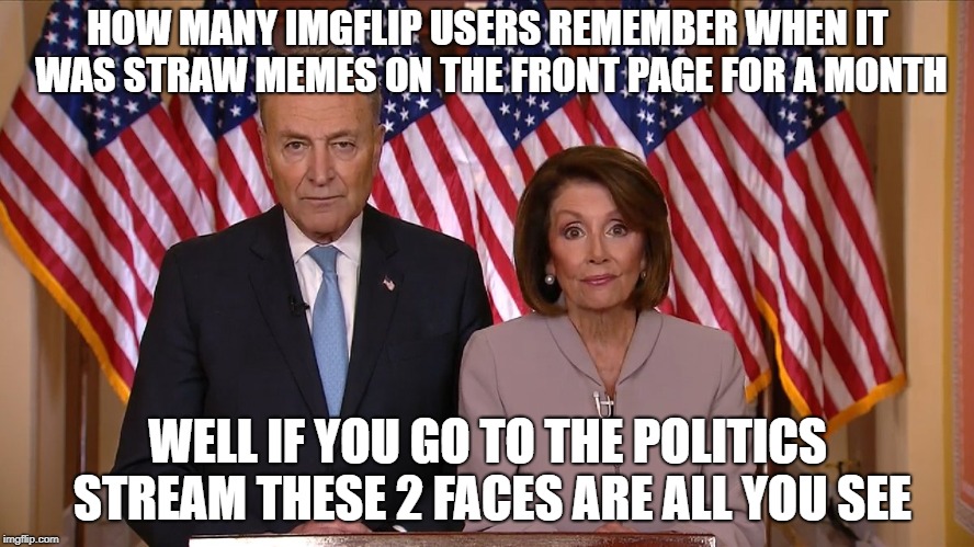 Go see for yourself | HOW MANY IMGFLIP USERS REMEMBER WHEN IT WAS STRAW MEMES ON THE FRONT PAGE FOR A MONTH; WELL IF YOU GO TO THE POLITICS STREAM THESE 2 FACES ARE ALL YOU SEE | image tagged in chuck and nancy | made w/ Imgflip meme maker