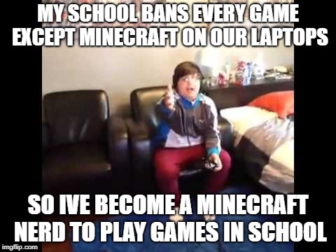 I'M PLAYING MINECRAFT | MY SCHOOL BANS EVERY GAME EXCEPT MINECRAFT ON OUR LAPTOPS; SO IVE BECOME A MINECRAFT NERD TO PLAY GAMES IN SCHOOL | image tagged in i'm playing minecraft | made w/ Imgflip meme maker