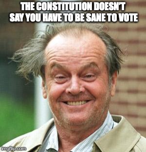 Jack Nicholson Crazy Hair | THE CONSTITUTION DOESN’T SAY YOU HAVE TO BE SANE TO VOTE | image tagged in jack nicholson crazy hair | made w/ Imgflip meme maker