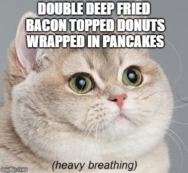 Heavy Breathing Cat Meme | DOUBLE DEEP FRIED BACON TOPPED DONUTS WRAPPED IN PANCAKES | image tagged in memes,heavy breathing cat | made w/ Imgflip meme maker