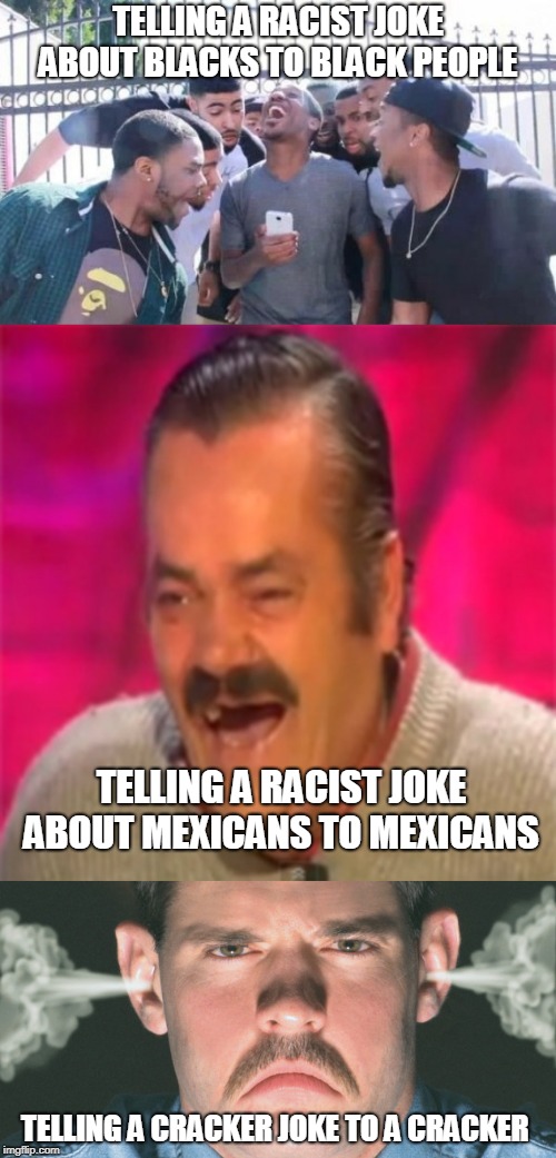 TELLING A RACIST JOKE ABOUT BLACKS TO BLACK PEOPLE; TELLING A RACIST JOKE ABOUT MEXICANS TO MEXICANS; TELLING A CRACKER JOKE TO A CRACKER | image tagged in funny,racist | made w/ Imgflip meme maker