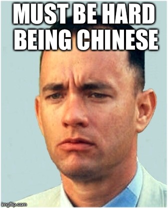 forrest gump | MUST BE HARD BEING CHINESE | image tagged in forrest gump | made w/ Imgflip meme maker