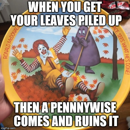 Wreck Effect | WHEN YOU GET YOUR LEAVES PILED UP; THEN A PENNNYWISE COMES AND RUINS IT | image tagged in wreck effect | made w/ Imgflip meme maker