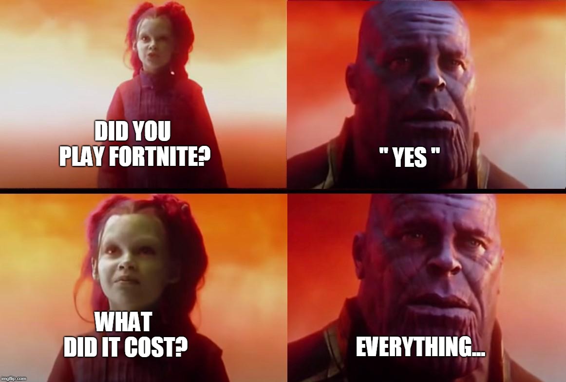 thanos what did it cost | '' YES ''; DID YOU PLAY FORTNITE? WHAT DID IT COST? EVERYTHING... | image tagged in thanos what did it cost | made w/ Imgflip meme maker