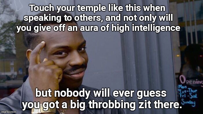 Roll Safe Think About It Meme | Touch your temple like this when speaking to others, and not only will you give off an aura of high intelligence; but nobody will ever guess you got a big throbbing zit there. | image tagged in memes,roll safe think about it,humor | made w/ Imgflip meme maker