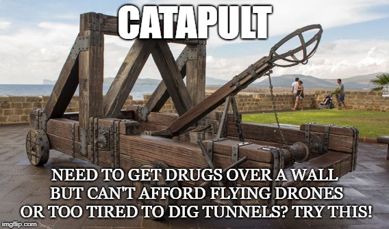 Innovative Solutions | CATAPULT; NEED TO GET DRUGS OVER A WALL BUT CAN'T AFFORD FLYING DRONES OR TOO TIRED TO DIG TUNNELS? TRY THIS! | image tagged in trump's wall,drugs,catapult,drones,tunnels,illegals | made w/ Imgflip meme maker