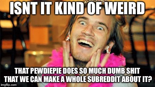 pewdiepie | ISNT IT KIND OF WEIRD; THAT PEWDIEPIE DOES SO MUCH DUMB SHIT THAT WE CAN MAKE A WHOLE SUBREDDIT ABOUT IT? | image tagged in pewdiepie | made w/ Imgflip meme maker