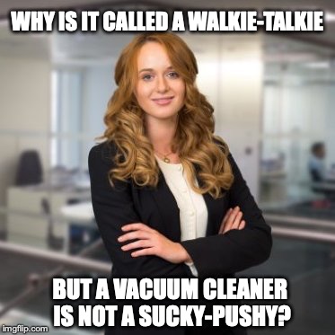Successful Business Woman | WHY IS IT CALLED A WALKIE-TALKIE; BUT A VACUUM CLEANER IS NOT A SUCKY-PUSHY? | image tagged in successful business woman,housework,vacuum cleaner | made w/ Imgflip meme maker