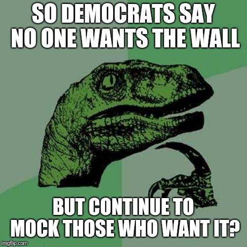 Philosoraptor | SO DEMOCRATS SAY NO ONE WANTS THE WALL; BUT CONTINUE TO MOCK THOSE WHO WANT IT? | image tagged in memes,philosoraptor | made w/ Imgflip meme maker