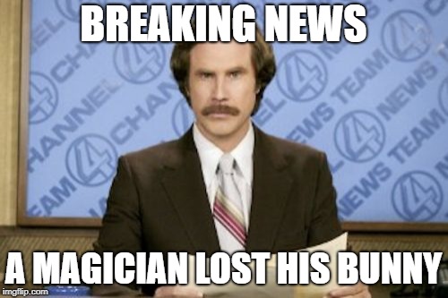 Ron Burgundy Meme | BREAKING NEWS A MAGICIAN LOST HIS BUNNY | image tagged in memes,ron burgundy | made w/ Imgflip meme maker